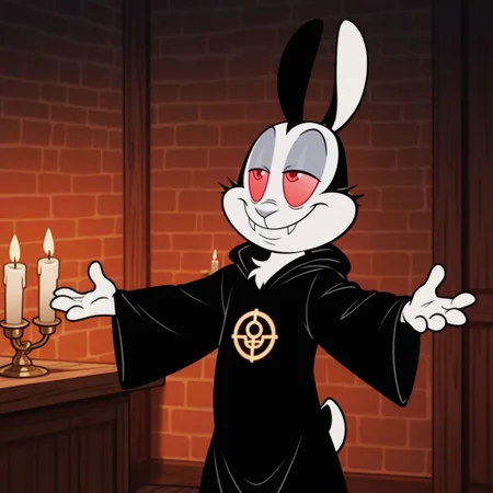 masterpiece, best quality, amazing quality, bunnicula, male, furry male, feral, solo, rabbit, black fur, white fur, two tone fur, red sclera, red eyes, fangs, grey nose, tail, paw pads, cultist robe, standing, arms outstretched, smile, narrowed eyes, candles, ritual symbol, basement, dim lighting