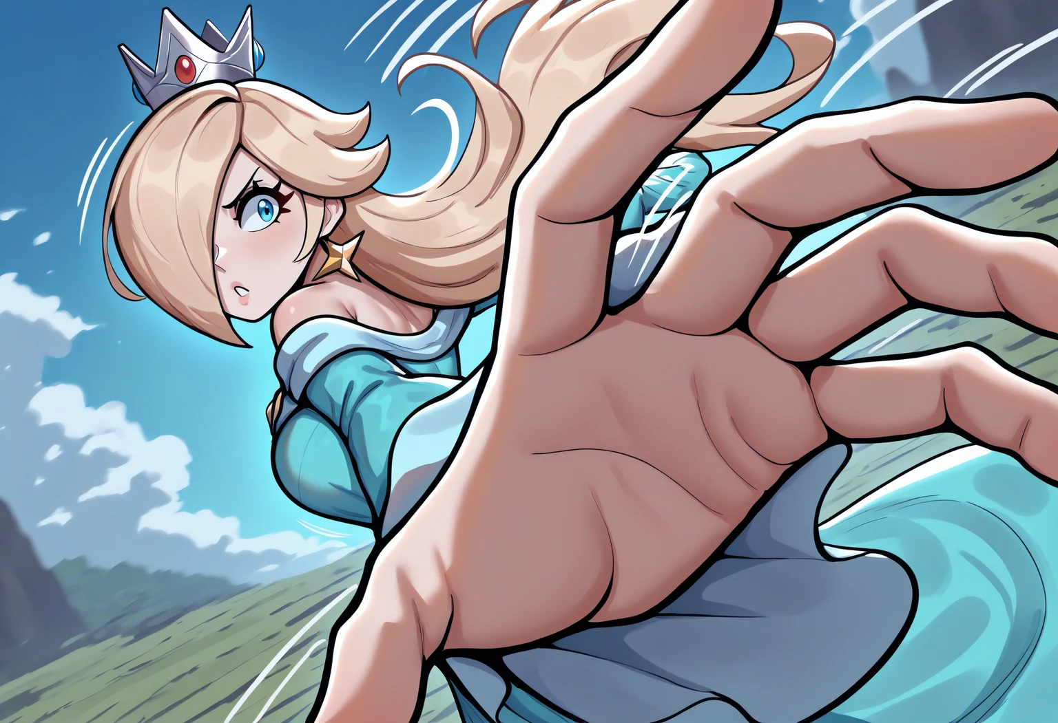 masterpiece, best quality, newest, absurdres, highres, IncrsPunchMeme, <lora:PepePunchMeme_illusXLNoobAI_Incrs_v1:1>, outdoors, motion lines, upper body, <lora:Rosalina_illusXL_Incrs_v1:1>, RslnDef, hair over one eye, crown, bare shoulders, off-shoulder dress, long sleeves, blue dress, long dress, aqua dress, blue eyes,