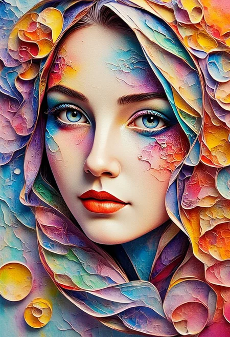 create an ArcaneFGTNR watercolour painting of a woman's face, made up of Layered Paper with cracked peeled paint. bright painted colours. watercolour, close up, HD