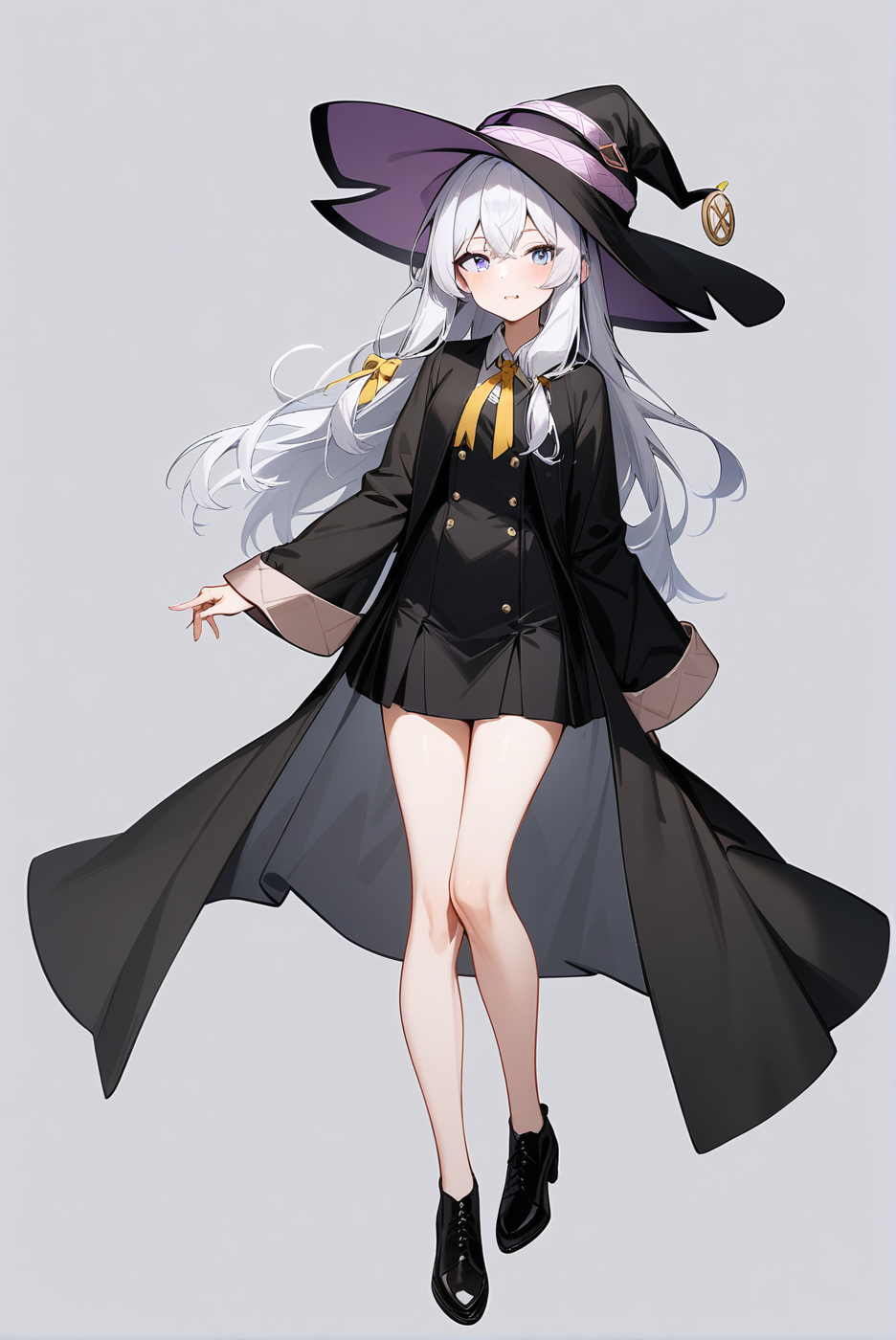 witch hat dress shirt black skirt black robe yellow ribbon, mm-elaina, ahoge, 1girl, solo, skinny, masterpiece, absurdres, high quality, highres, best quality, (full body:1.20), recent <lora:mm-elaina-V02-000003:0.6>