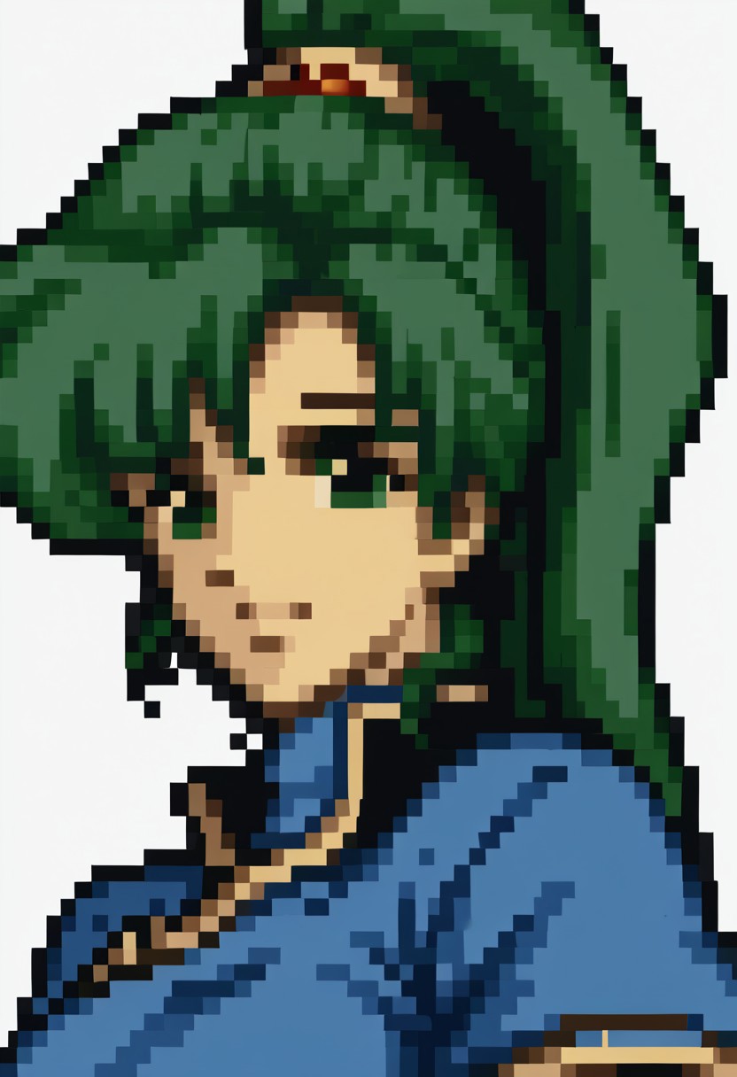 score_9, score_8_up, score_7_up, source_anime, 1girl, solo, smile,
<lora:zs_FE4PortraitsXL:1> fe4portraits, portrait, pixel art, white background
,<lora:lyn-pdxl-nvwls-v1-000005:1> defLyn, green hair, high ponytail, blue dress, big breasts