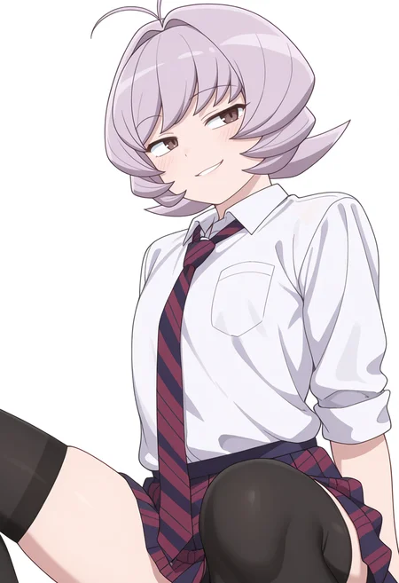 Smooth Quality,masterpiece,very intricate, high quality details, ultra realistic, high detailed skin,detailed enviorement,
simple background, white background, seductive smile,naughty face, 
upright straddle, solo, 
 <lora:Osana_Najimi_cnn:0.8> osananajimicnn, 1other,short hair, brown eyes,androgynous, light purple hair, school uniform, white shirt, striped necktie,striped skirt, pleated skirt,black thighhighs,