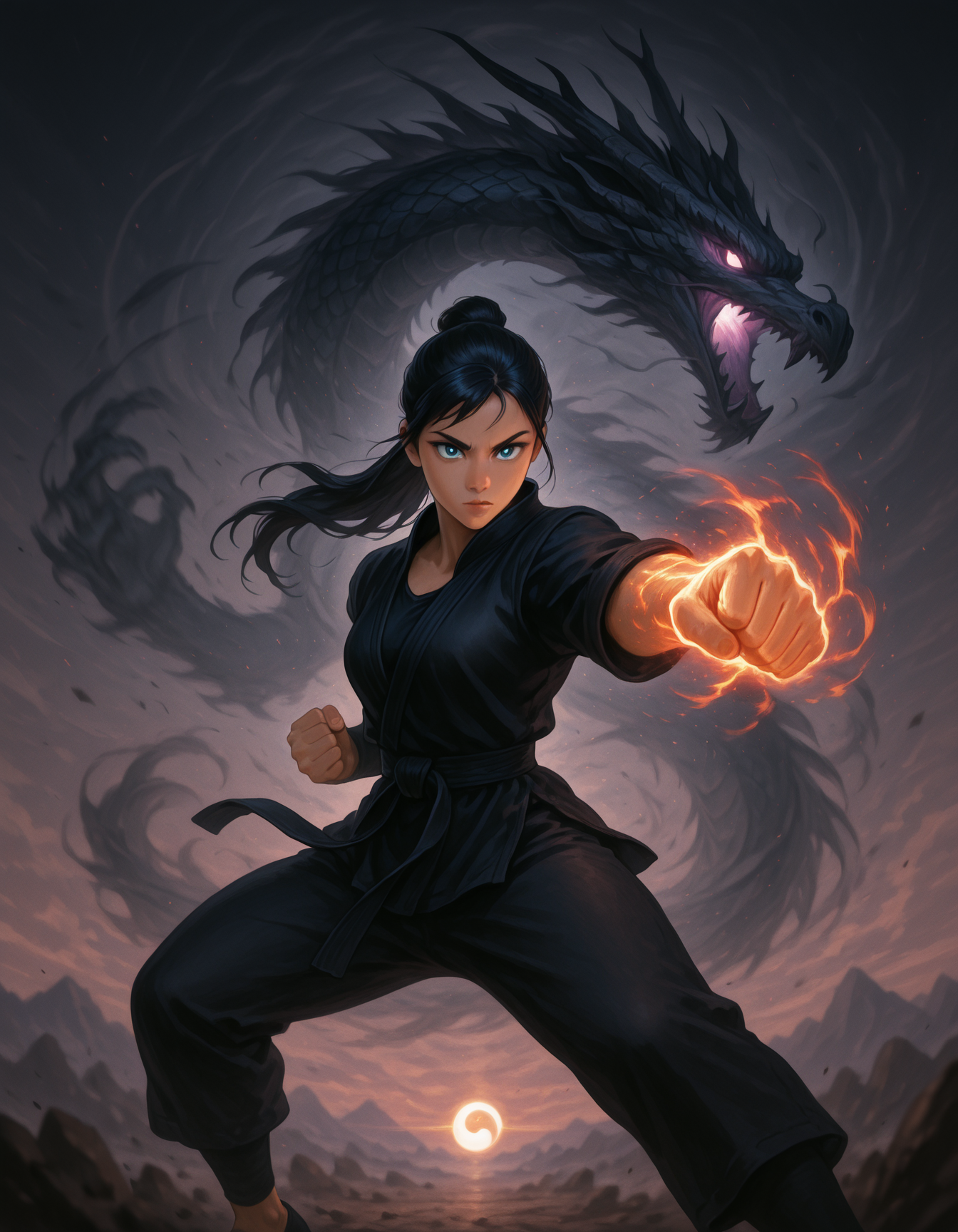 dma, Flatline, Flat vector illustration,,masterpiece, best quality, good quality, very aesthetic, absurdres, newest, 8K, depth of field, focused subject, dynamic angle, A female martial artist punches toward the viewer, but from behind her emerges two mirrored dragons â one white, one black â twisting in harmony. Her outfit is symmetrical in light and shadow tones, her eyes mismatched, and the background is a glowing yin-yang dojo of mirrored reflections..  <lora:DragonMartialArtIL:1>