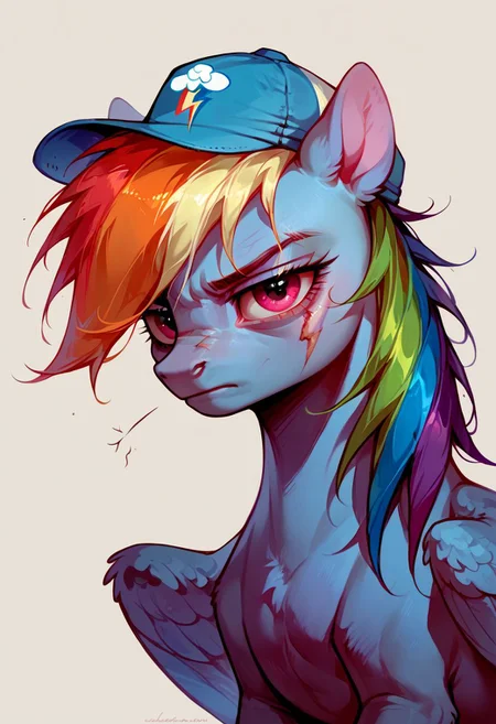 score_9, score_8_up, score_7_up, source_pony, solo, Rainbow Dash, looking at the viewer, close up, (feral pony:1.5), scar over one eye, wings, tired, annoyed, flight cap, simple background, (detailed image, high resolution, 5k resolution:1.0), (horror art style:1.1)
