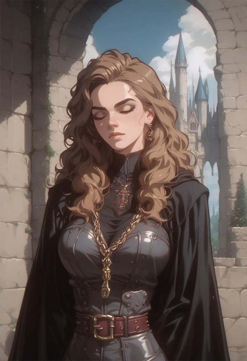 score_9, score_8_up, score_7_up, (portrait), 1girl, hermione granger, black robe, castle, (big breasts), Vintage, 1990s \(style\)