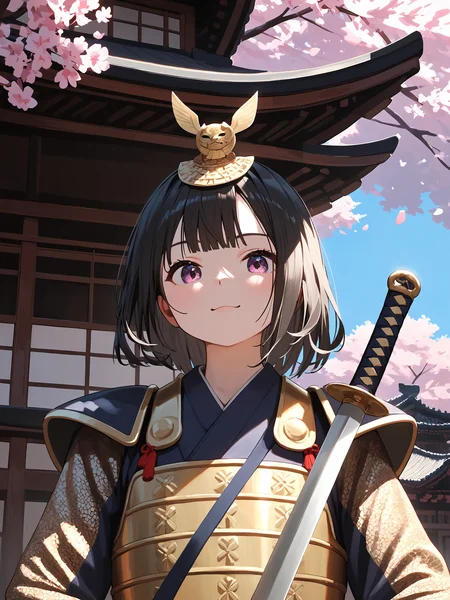 score_9, score_8_up, score_7_up,score_6_up,
outdoor, sharp focus, dark theme, direct and engaging gaze,
high-resolution image capturing fine details, soft shadow, direct and engaging gaze,
cherry blossom, Japan temple background,
1girl, cute face, cozy face, detailed face,
long sliver hair, holding, ornate sword, upper body, action to viewer, solo, extreme detailed ornate gold armor,
samurai armor,
<lora:hinaSamuraiArmorPony_rev1:0.5>