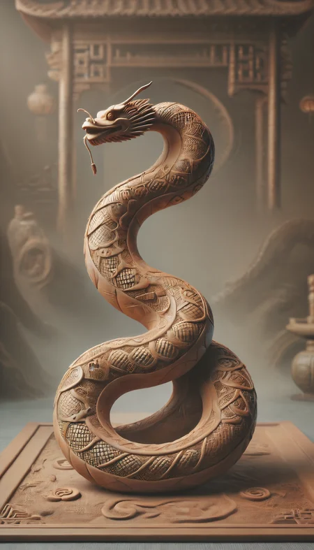 highly detailed, realistic, fine fabric detail, absurdres, highly-detailed, best quality, masterpiece, very aesthetic, a wide-frame full-body shot of a chinese snake made of terracotta in a traditional chinese background