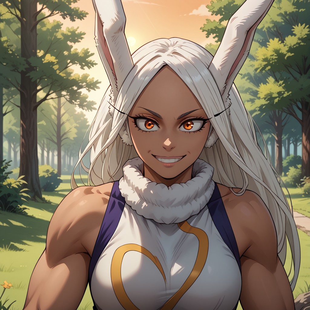 score_9, score_8, BREAK, Mirko, dark-skinned rabbit girl, rabbit ears, dark skin, dark skin female, boku no hero academia, anime screencap, sexy pose, self portrait, smile, outdoors, sunlight, shadows, evening lighting, natural lighting, forest, trees, grass, orange sky, sunset