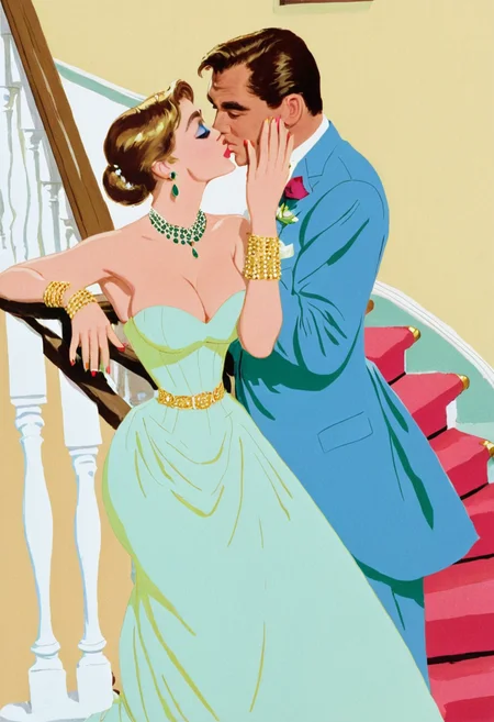 <lora:Whitmore-SDXL:1> 1boy, 1girl massive breasts, formal, jewelry, kiss, solo, wh1tm0r3, dress, viewing through staircase bannisters, traditional media, illustration