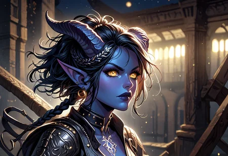 Score_9, score_8_up, score_7_up, sharp focus, source_anime, Dark fantasy art style, 1 female, Tiefling, DemonPunk, blue skin tone, Tiefling rogue,(dressed in studded leather armor, Textured black leather, plunging neckline), (Soft textured hair, long black hair, warriors braid), Detailed alert hazel  eyes, lips tight, determined expression, (armed with an ethereal dagger, dagger gripped by the hilt),  side profile, BREAK,, dark fantasy style city, dark alleyway, dark starry night, Chiaroscuro lighting, dynamic lighting, dynamic angles,  view from above, detailed textures, warriors pose, dynamic pose, 8k, UHD, highres