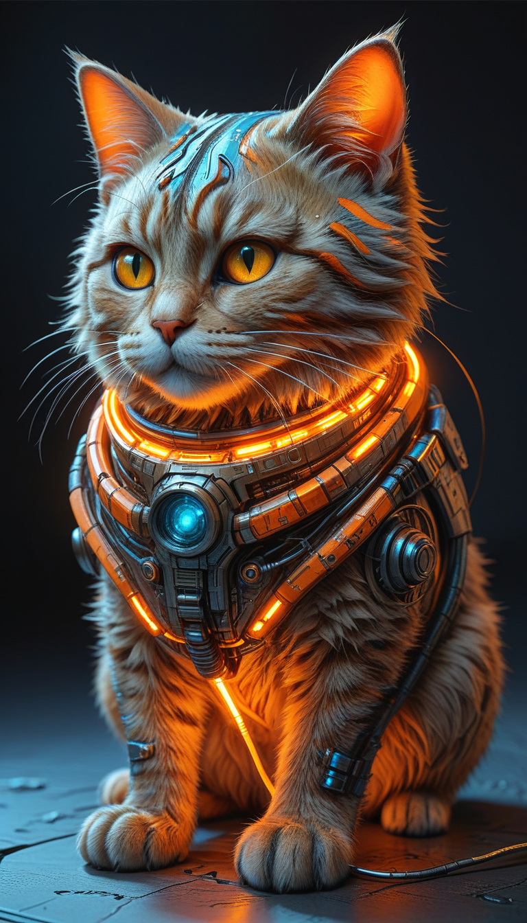 (in ARTIST style:1.4), (masterpiece:1.7), properly positioned, straight,
cat device with (science fiction texture, science fiction skin, someplastic, , cable, science fiction, from above, old style, device, wearable item) fluffy,
orange neon color,
(masterpiece:1.8), (highest detailed:1.8), perfectly lighted, (contrast), (saturated), (((sharp focus))),
(hyperdetailed:1.3), (intricate details:1.2), (Refined details:1.3), (best quality:1.5), highly detailed textures, vibrant colors,
(ultra sharp focus:1.8), (thin lines:1.8), (best quality:1.8),
<lora:Apparatus_-_Traction_City_Walkers_Vehicles:0.7>,