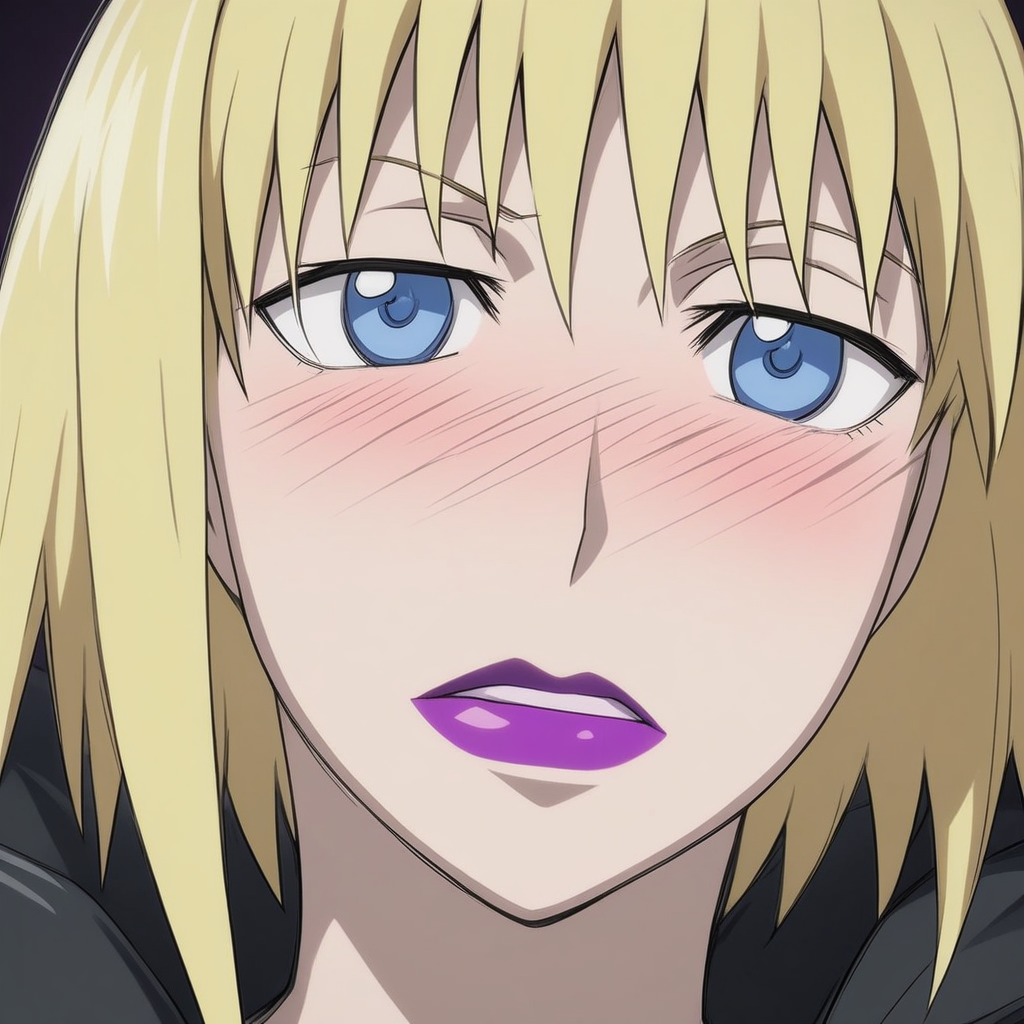 score_9, score_8_up, score_7_up, source_anime, expressive, anime, Artist speedlines, dynamic, D4RK3RTH4NBL4CK, DTB_Style, 1woman, (brita_(darker_than_black):1.2), long_hair, blonde_hair, blue eyes, purple_lips, naked_jacket ,looking at viewer, facing viewer, revealing clothes, convenient_censoring, bare_legs, high_heels, blush, blushing, embarrassed, dark background, Artist style:komori_takahiro