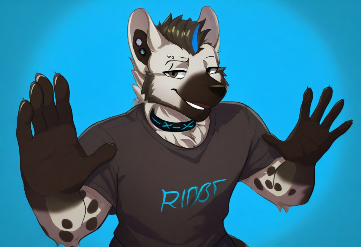 dr3am4ndnightm4re, (2024, very aesthetic, newest, best quality, masterpiece), mikus-concept, hands up, smile, blue background, furry, solo, upper body, furry male, black fur, dragon, 1boy, male, spot (arknights), hyena, black hair, blue hair, eyebrow piercing, ear piercing, grey fur, spotted fur, collar, shirt, shorts