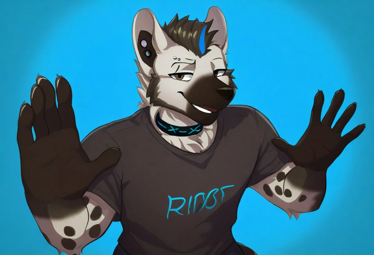 dr3am4ndnightm4re, (2024, very aesthetic, newest, best quality, masterpiece), mikus-concept, hands up, smile, blue background, furry, solo, upper body, furry male, black fur, dragon, 1boy, male, spot (arknights), hyena, black hair, blue hair, eyebrow piercing, ear piercing, grey fur, spotted fur, collar, shirt, shorts