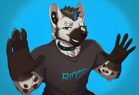 dr3am4ndnightm4re, (2024, very aesthetic, newest, best quality, masterpiece), mikus-concept, hands up, smile, blue background, furry, solo, upper body, furry male, black fur, dragon, 1boy, male, spot (arknights), hyena, black hair, blue hair, eyebrow piercing, ear piercing, grey fur, spotted fur, collar, shirt, shorts