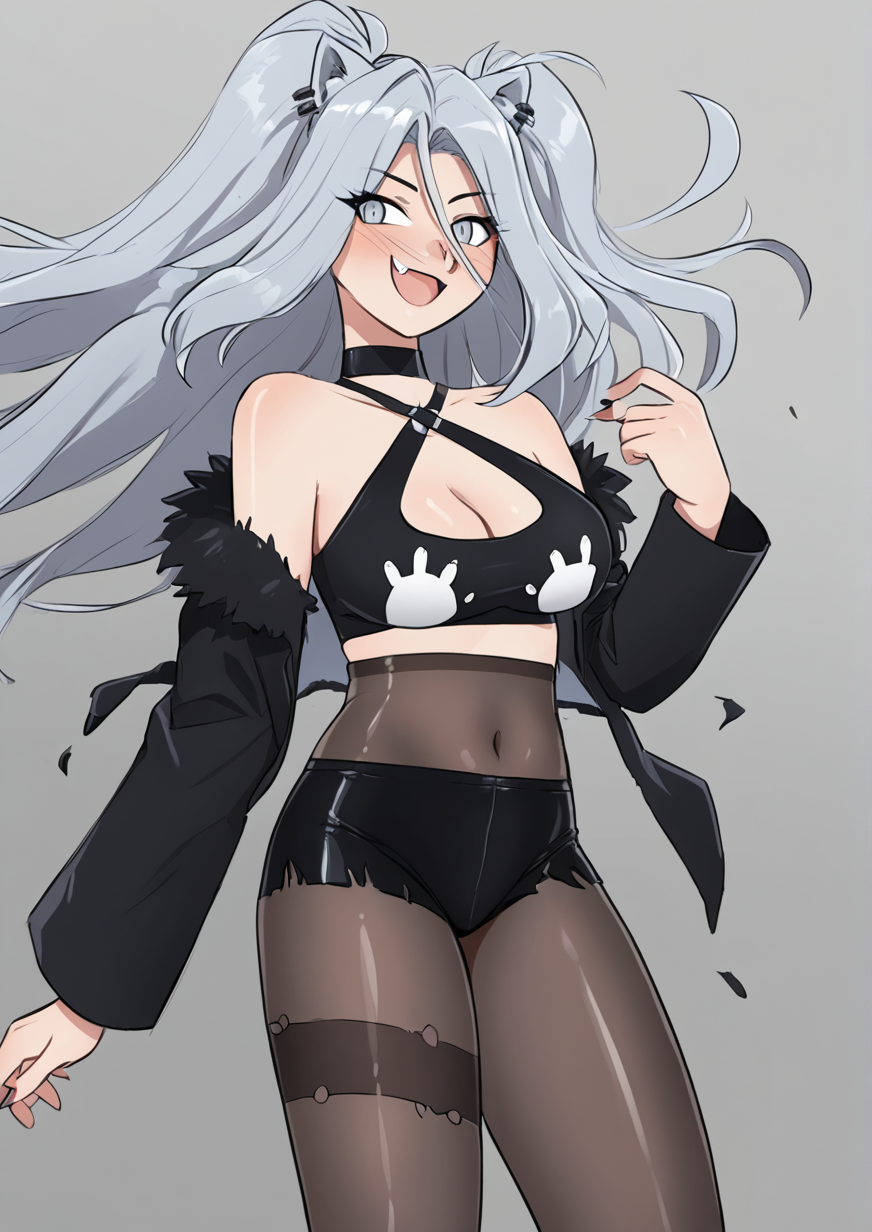 1girl, shishiro botan, shishiro botan (1st costume), huge breast, animal ear fluff, animal ears, black jacket, blush, breasts, cleavage, cropped shirt, ear piercing, fang, floating hair, fur trim, grey eyes, grey hair, halterneck, jacket, lion ears, lion girl, long hair, navel, off shoulder, open mouth, pantyhose, piercing, see-through, see-through cleavage, single leg pantyhose, smile, solo, torn clothes, torn pantyhose, two side up, <lora:the_kinky_quest:1>