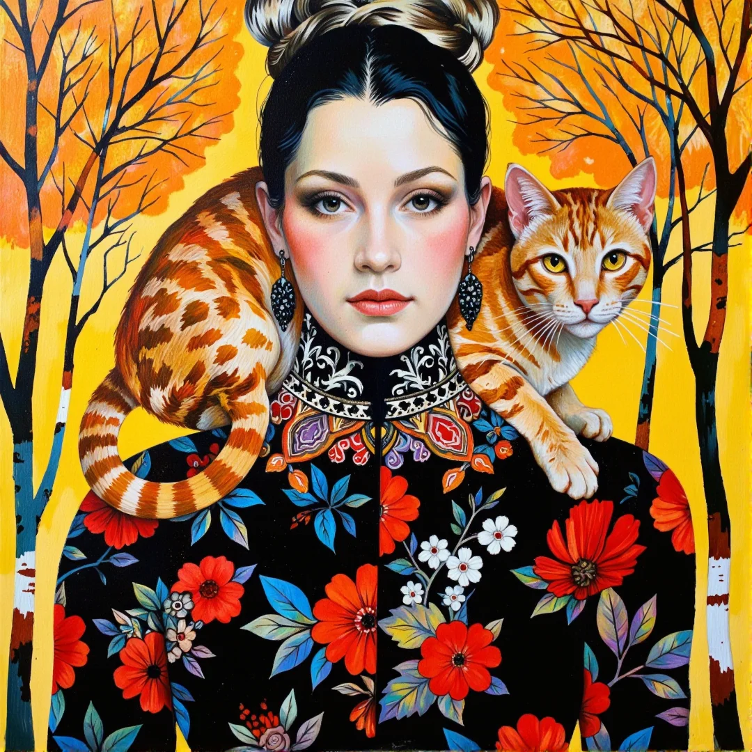Art by Caroline Smith. A colorful, abstract painting of a woman with a cat on her shoulder, set against a vibrant yellow background with bare trees. the woman is positioned in the center of the image, wearing a black and red floral dress with a high collar and intricate patterns. her hair is styled in an elegant updo, and she has a serene expression on her face. on her shoulders, a large, orange tabby cat with yellow eyes stands guard, looking directly at the viewer. the cat is positioned slightly to the left of the woman, with its tail curled around her neck. the background features bare trees with orange and yellow hues, adding to the surreal and dreamlike atmosphere of the painting. the style is reminiscent of modern art, with bold lines and vibrant colors that create a sense of depth and dimensionality.