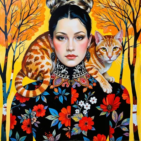 Art by Caroline Smith. A colorful, abstract painting of a woman with a cat on her shoulder, set against a vibrant yellow background with bare trees. the woman is positioned in the center of the image, wearing a black and red floral dress with a high collar and intricate patterns. her hair is styled in an elegant updo, and she has a serene expression on her face. on her shoulders, a large, orange tabby cat with yellow eyes stands guard, looking directly at the viewer. the cat is positioned slightly to the left of the woman, with its tail curled around her neck. the background features bare trees with orange and yellow hues, adding to the surreal and dreamlike atmosphere of the painting. the style is reminiscent of modern art, with bold lines and vibrant colors that create a sense of depth and dimensionality.