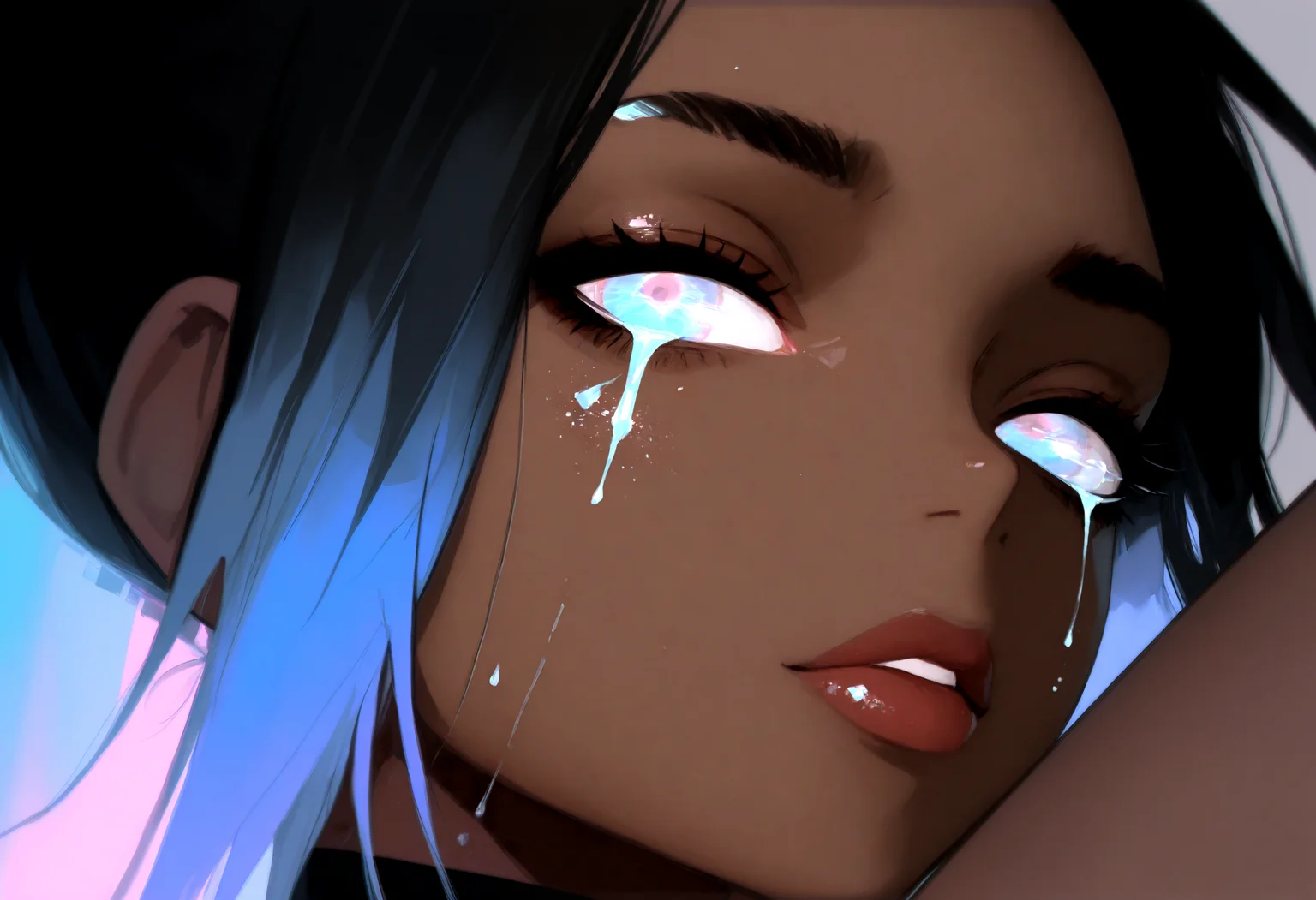 masterpiece, best quality, newest, absurdres, highres, female, iridescent hair, surreal liquid distortion, fluid-like strands flowing over face, glowing tears, abstract glitch, soft focus, blurred vision, cyberpunk elements, with the theme "dreams in liquid glitch", ethereal, hauntingly beautiful, soft light, distorted colors, delicate but intense emotion, chaotic tranquility, 69yotte4_illu, ilya kuvshinov, eye focus, close-up, detailed eyes, photorealism, photography \(artwork\), skin pores, peach fuzz, dark-skinned female, ta-illu, bamf-illu, <lora:Beautiful_Mahogany_Style_Illu_Edition:0.85> <lora:Tomomi_Abe_Style_V1_Illu_Edition:0.77> <lora:69yottea_illu_v2:0.85>