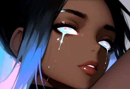 masterpiece, best quality, newest, absurdres, highres, female, iridescent hair, surreal liquid distortion, fluid-like strands flowing over face, glowing tears, abstract glitch, soft focus, blurred vision, cyberpunk elements, with the theme "dreams in liquid glitch", ethereal, hauntingly beautiful, soft light, distorted colors, delicate but intense emotion, chaotic tranquility, 69yotte4_illu, ilya kuvshinov, eye focus, close-up, detailed eyes, photorealism, photography \(artwork\), skin pores, peach fuzz, dark-skinned female, ta-illu, bamf-illu, <lora:Beautiful_Mahogany_Style_Illu_Edition:0.85> <lora:Tomomi_Abe_Style_V1_Illu_Edition:0.77> <lora:69yottea_illu_v2:0.85>