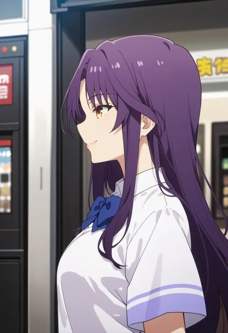 score_9, score_8_up, score_7_up, source_anime, goshoin kyo, purple hair, yellow eyes, long hair, 1girl, solo, smile, school uniform, vending machine, shirt, upper body, white shirt, from side, bow, profile