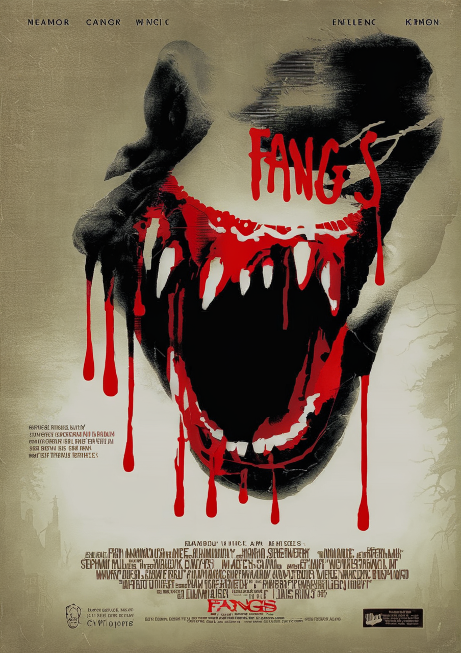 cinexart (title "fangs") demonic fangs, movie poster<lora:cinexart:1>