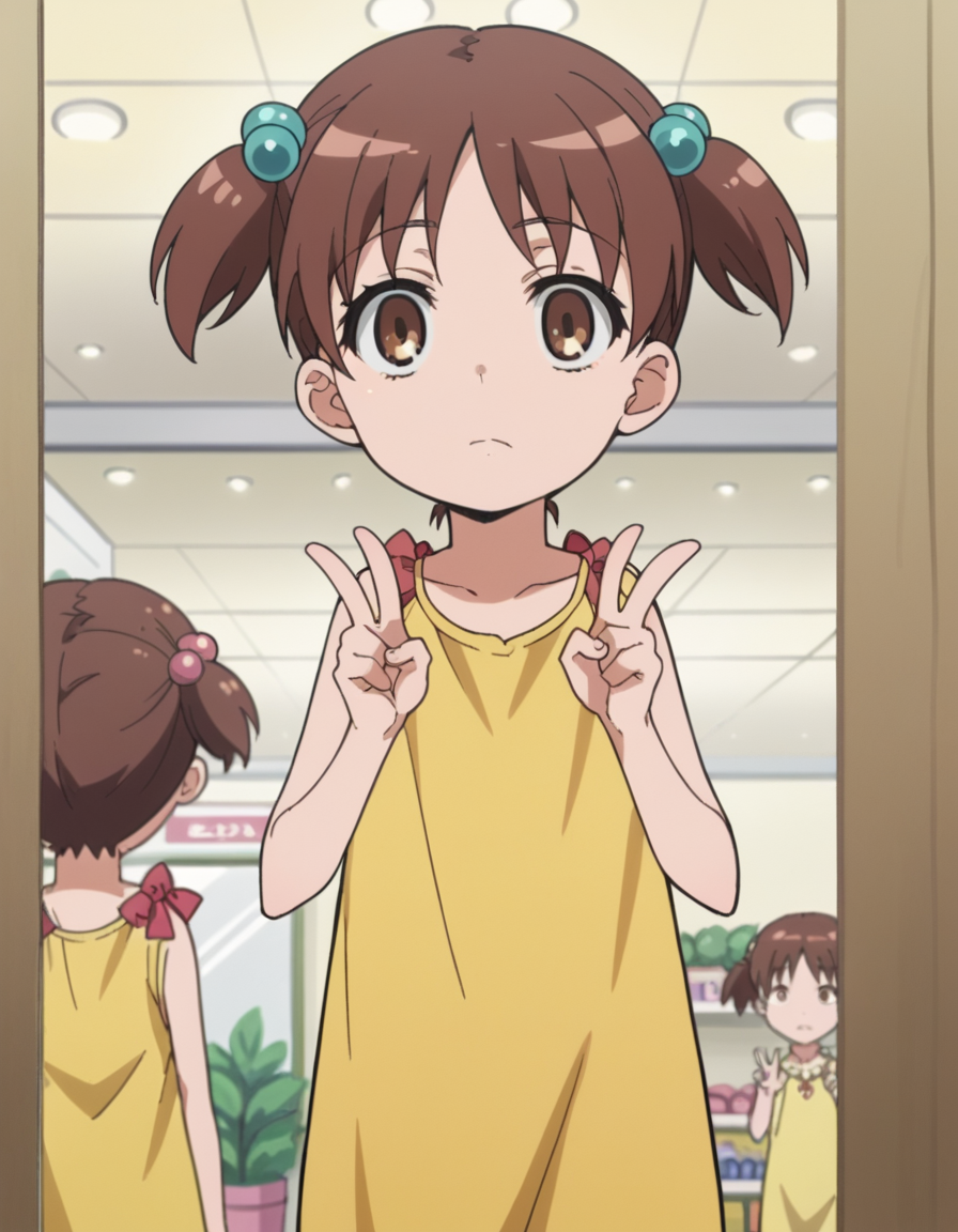 score_9, score_8_up, score_7_up, source_anime, <lora:kana-hazamaya-s1-ponyxl-lora-nochekaiser:1>, kana hazamaya, short hair, brown hair, hair ornament, twintails, brown eyes, hair bobbles, short twintails, child, anime screencap,, dress, sleeveless, yellow dress, fitting room, mirror, clothes, privacy, store, , v, v over eyes,, looking at viewer, solo,, dutch angle, cowboy shot