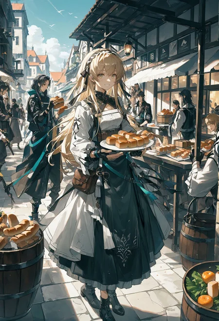 score_9, score_8_up, score_7_up, best quapoty, highres, absurdres, source_anime, 1girl, n0l4nd, <lora:n0l4nd:0.7>, ARKNIGHTS NOBODY, <lora:Arknights Nobody:0.7>, a woman standing next to a man near breads and breads on a table in a market area, 6+boys, baguette, barrel, basket, black_gloves, blonde_hair, bread, fantasy, fingerless_gloves, food, gloves, hairband, long_hair, multiple_boys, multiple_girls, smile, solo_focus, tongs