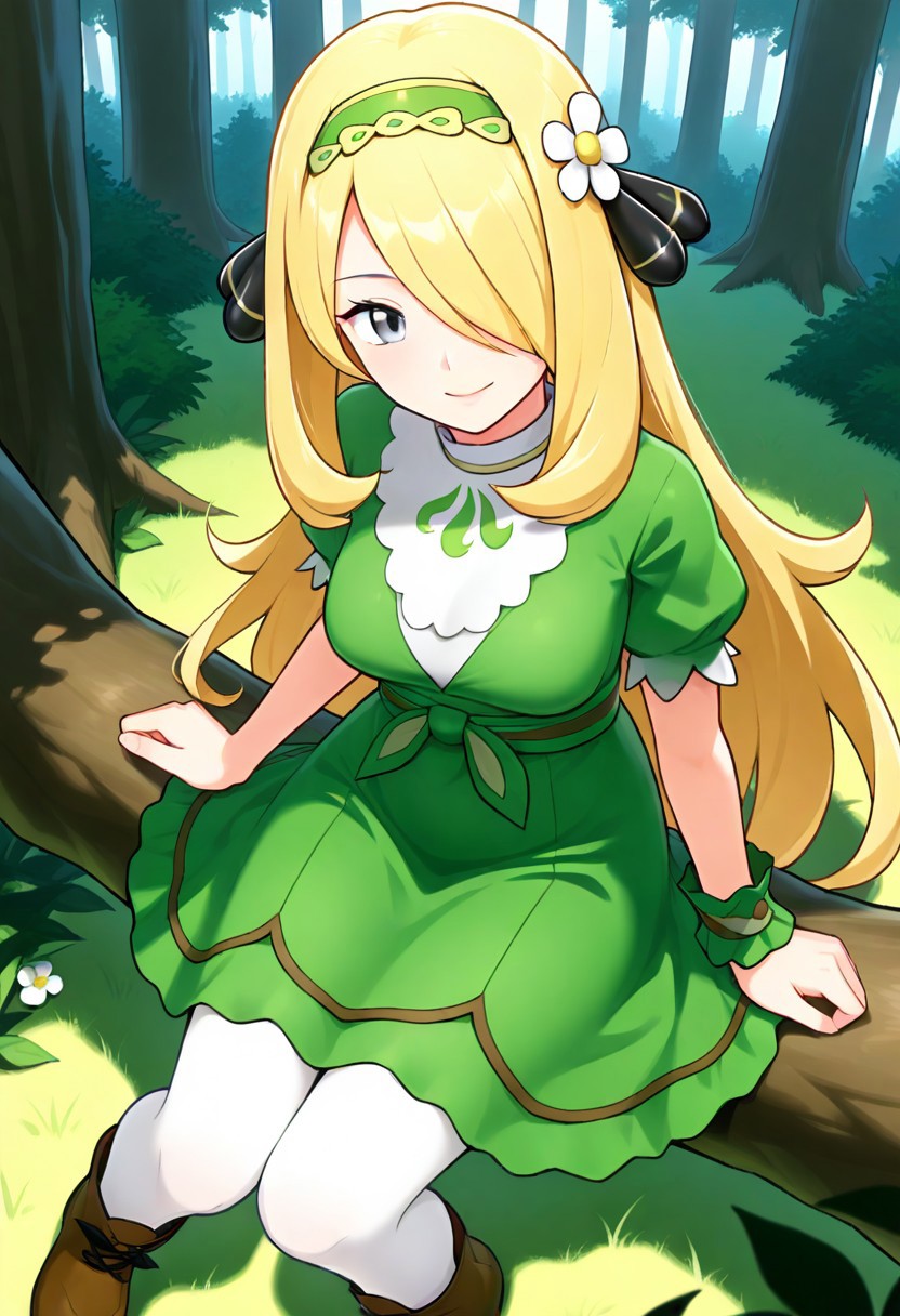 2d, masterpiece, best quality, amazing quality, highres, absurdres, newest, 1girl, solo, sitting, on branch, forest, nature, from above, dutch angle, looking at viewer, medium breasts, mature female, cynthia \(pokemon\), blonde hair, long hair, hair over one eye, grey eyes, hair ornament, green hairband, hair flower, green dress, puffy short sleeves, single wrist cuff, white pantyhose, boots, brown footwear