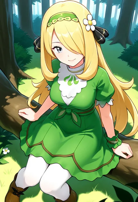 2d, masterpiece, best quality, amazing quality, highres, absurdres, newest, 1girl, solo, sitting, on branch, forest, nature, from above, dutch angle, looking at viewer, medium breasts, mature female, cynthia \(pokemon\), blonde hair, long hair, hair over one eye, grey eyes, hair ornament, green hairband, hair flower, green dress, puffy short sleeves, single wrist cuff, white pantyhose, boots, brown footwear