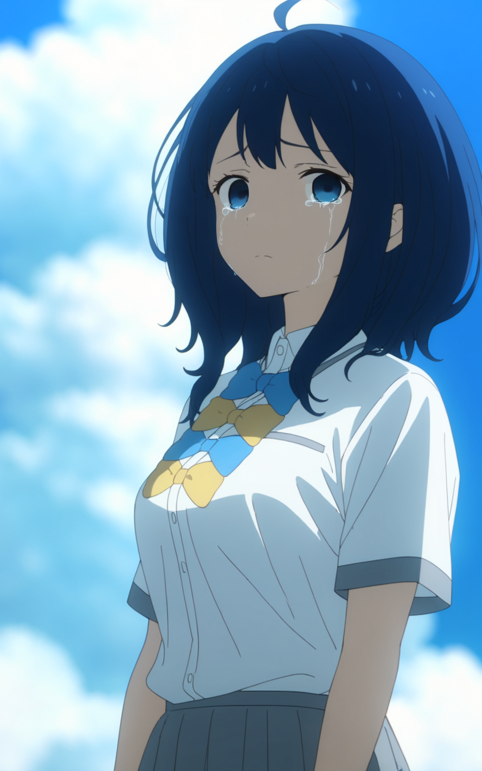 8k, best quality, masterpiece, (ultra-detailed), (high detailed skin), 
<lora:Yanami_Anna-a3-Tanger:0.8>, Yanami Anna, 1girl, blue hair, blue eyes, 
default clothes, white shirt, short sleeves, school uniform, bow, 
beautiful blue sky, cloud, standing, ( upper body:1.2), looking at viewer, tears, two eyes without god, both eyes out of focus, empty eyes,