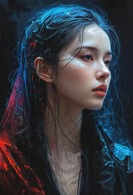 elegant haired abstract beauty, approaching perfection, dynamic, pitch black, highly detailed, dark, moody, low light, lowly lit, digital painting, artstation, concept art, smooth, sharp focus, illustration, art by Carne Griffiths and Wadim Kashin, black and red colors, good shadows, back lit, hidden, obscured, (pale skin:1.6), brushed eyebrows, busty, cleavage, (prisms:1.6), (prismatic:1.5), (ghostly thin veil:1.6), prismatic, reflections, cyberpunk, (black light clothes:1.6), monolith, mirrors, mirror, monolithic, obsidian, sun circle, other worldly, (different dimensions:1.7), (mysterious:1.5), (portrait:1.7), blue bra,