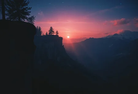white vignette effect, stars, a silhouetted person far away sitting on edge of huge cliff,
perfectly aligned milkyway over horizon, michal shainblum photography. realism,
reddish,pink blue aesthetic hues, the sun hiding behind the fog, snow landscape in the distance, sun glow effect, sun halos, dark contrast, dawn, daek light blue gradient filter, a nat geo moment, pine trees fading far away, realism. mist, fog, dark rich contrasts, moody and gloomy, melancholic atmosphere.