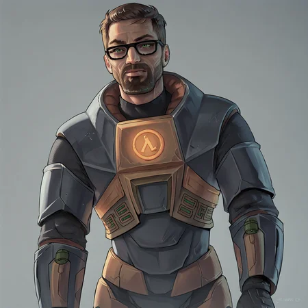 score_9, score_8_up, score_7_up, score_6_up, score_5_up, score_4_up, BREAK, cowboy shot, solo,
<lora:gigachad-12:1.2>, gigachad, muscular, <lora:gordonfreeman-hl-richy-v1_pdxl:1>, gordonfreeman, brown hair, short hair, facial hair, glasses, green eyes, power armor