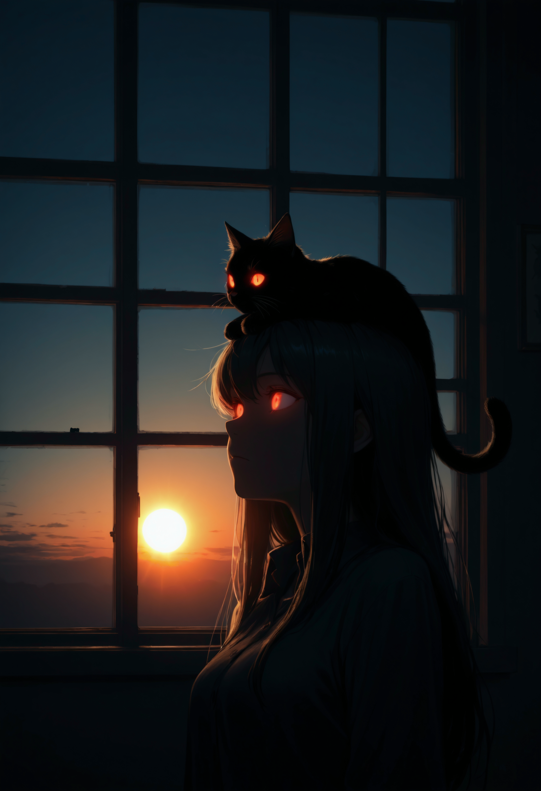 1girl, black cat, cat on head, backlighting, window, sun, sky, dark, glowing eyes, masterpiece, best quality