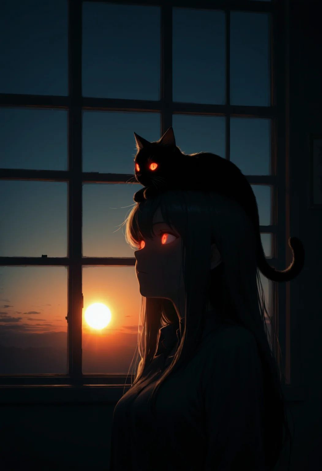 1girl, black cat, cat on head, backlighting, window, sun, sky, dark, glowing eyes, masterpiece, best quality