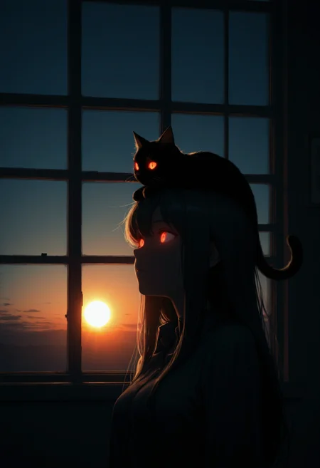 1girl, black cat, cat on head, backlighting, window, sun, sky, dark, glowing eyes, masterpiece, best quality