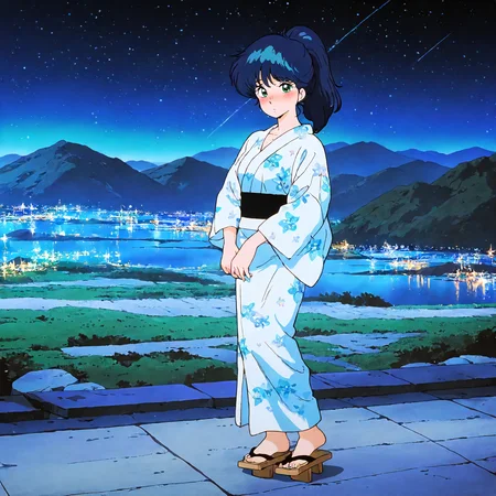 <lora:KOR_MadokaAyukawaXLIllustrious002>,
masterpiece,best quality,good quality,newest,
outdoors,mountain,nature,starry_sky,glitter,
blush,parted lips,
looking at viewer,
solo,
MadokaAyukawa,1girl,blue hair,high ponytail,green eyes,
breasts,
yukata,
Japanese geta,
full body,standing,