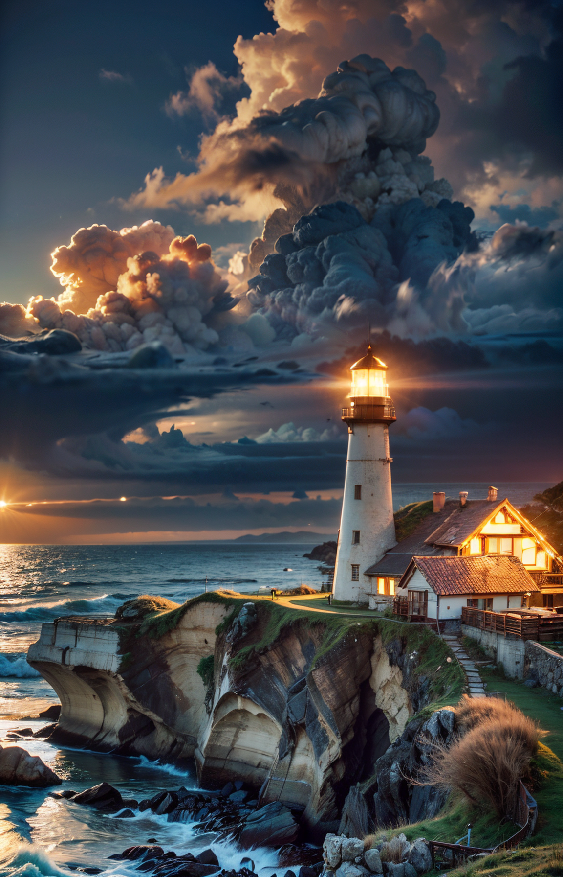light house, by the sea, rock,wood house,grass,  (masterpiece),((ultra-detailed)), (highly detailed CG illustration),(expressionless), (best quality:1.2), High quality texture, intricate details, detailed texture, High quality shadow, Cinematic Light, Depth of field, light source contrast, perspective,20s, (ulzzang-6500-v1.1:0.5), <lora:epi_noiseoffset2:1>, <lora:add_detail:0.8>,