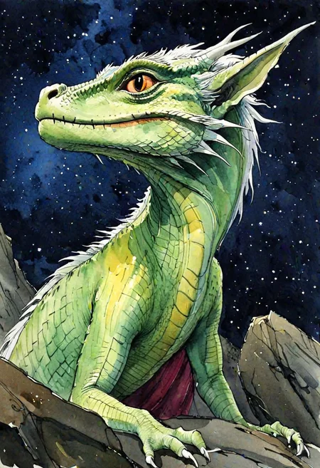 (resplendent highlighting) in the style of casual line and wash sketch, hauntingly beautiful, violento colorido, influenced by Bernard Buffet, contemporary watercolor painting, vibrant and colorful scene, depict a luck dragon in the style of The Neverending Story, cinematic still. A gigantic, mythical dragon with white fur. They are situated on a rocky terrain under a starry night sky, suggesting a scene of fantasy and wonder. He is looking at the viewer with a serene expression on his face.