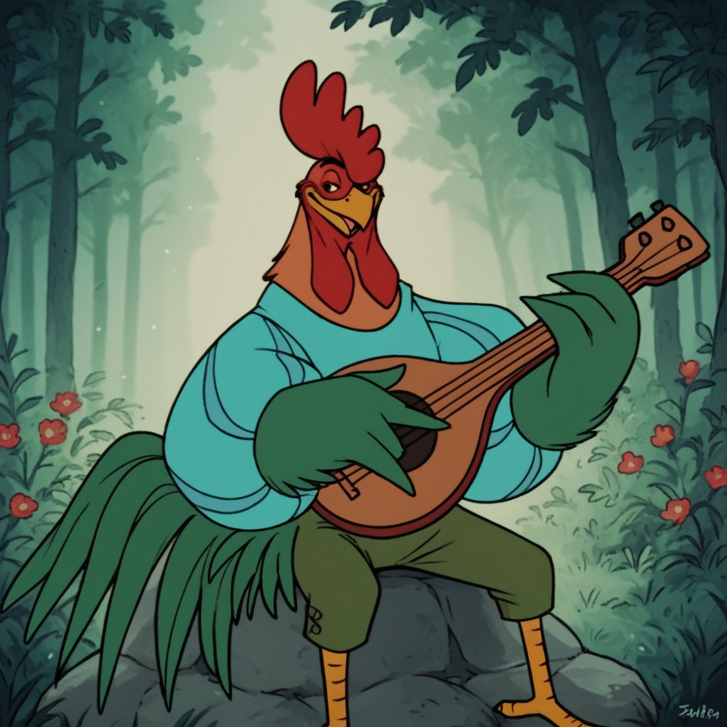 score_9, score_8_up, score_7_up, score_6_up, score_5_up, score_4_up, source_furry, Alan-A-DaleRH, semi-anthro, male, rooster, bird, feathers, green winged arms, striped shirt, puffy sleeves, green pants,  green tail, brown body, outside, sitting, on a rock, in a forest, solo, 1boy, holding guitar, red hair