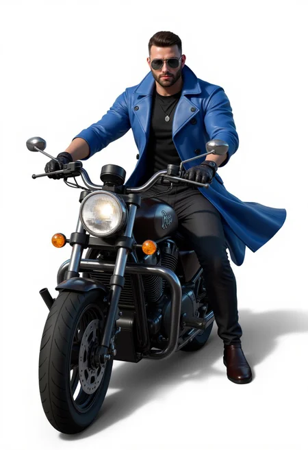 handsome boy holding AK47, riding motorcycle, white background,3d game character,Blue trench coat, sunglasses, cyberpunk