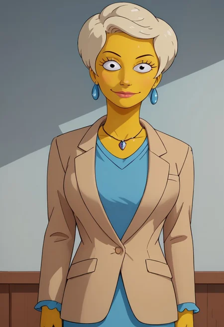 ((bedroom background)),score_9, score_8_up, score_7_up,score_6_up, 
1girl, solo, Lindsey_TS, yellow skin, black eyes, blonde hair, short voluminous hair, hairsyle elegant, light blue earrings, long beige blazer, light formal fitted blue dress, necklace, light blue high heels, big eyes, cute, tall stature, social smile, sexy face, close-up, face photo, perfect eyes, perfect smile, looking at the viewer, big breasts, detailed eyes, perfect eyes, very close-up,