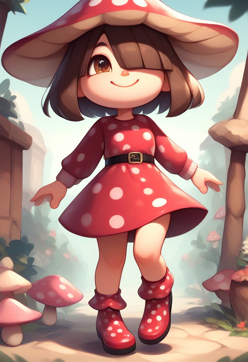 score_9, score_8_up, score_7_up, 1girl, solo, solo focus, acArtstyle, chibi, 1girl, smile,
short hair, brown hair, bangs, hair covering one eye, brown eyes, mushroom cap hat, red dress, polka dot dress, black belt, red shoes, polka dot shoes