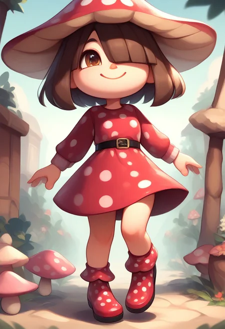 score_9, score_8_up, score_7_up, 1girl, solo, solo focus, acArtstyle, chibi, 1girl, smile,
short hair, brown hair, bangs, hair covering one eye, brown eyes, mushroom cap hat, red dress, polka dot dress, black belt, red shoes, polka dot shoes