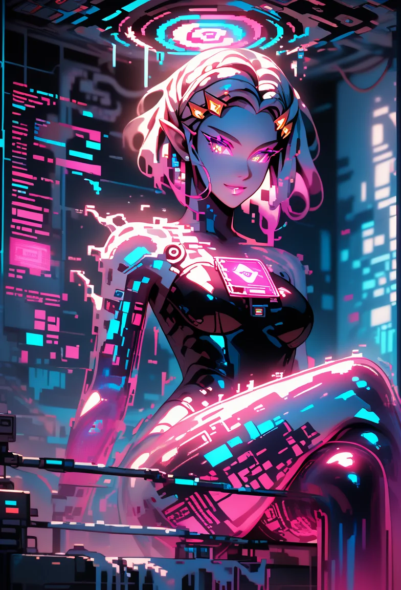 score_9, score_8_up, score_7_up, masterpiece, cyberwaifu, cyberwaify, solo, sitting, from below, crossed legs , looking at viewer, princess_zelda, hologram body, glitching, dissolving into pixels, glowing eyes, glowing skin, glitch effects , static, scanlines,