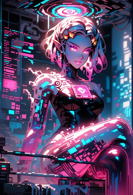 score_9, score_8_up, score_7_up, masterpiece, cyberwaifu, cyberwaify, solo, sitting, from below, crossed legs , looking at viewer, princess_zelda, hologram body, glitching, dissolving into pixels, glowing eyes, glowing skin, glitch effects , static, scanlines,