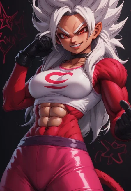 score_9, score_8_up, score_7_up, 1girl, solo, Mirko,gearfifth, white hair, red eyes, abs, blush, body fur, long hair, monkey tail, muscular, pectorals, (red fur:1.5), solo, spiked hair, ssj4, super saiyan, tail,medium breasts, (neon shirt:1.2),  black wall background, graffiti background, close up, neon lighting, neon, vibrant, bright clothing, neon latex, latex top, transparent top, latex miniskirt, (pink skirt:1.2), pink top, smirk,  from angle, (big lips:0.9), stretched top, black gloves, black choker, looking down at viewer, smug pose