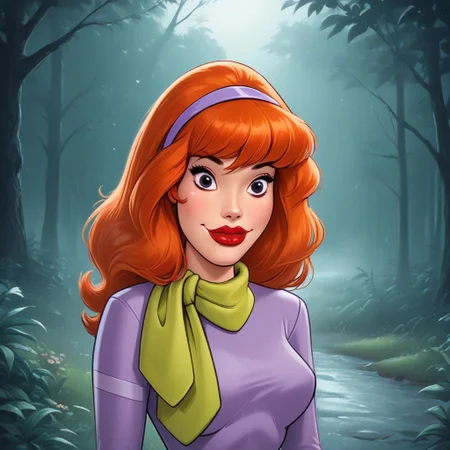 score_9,score_8_up,score_7_up,score_6_up,score_5_up,score_4_up, 1girl, upper body portrait, sharp focus, soft lighting, illustration, EPsbdDaphne, orange hair, long hair, black eyes, purple hairband, green scarf, purple mini dress, upper body, blurry background,  makeup, red lips, 1980s \(style\), retro artstyle, outdoors, forest, night, smile, running, fog, horror \(theme\),<lora:Dean Yeagle StylePonyLyco:1> dystlye