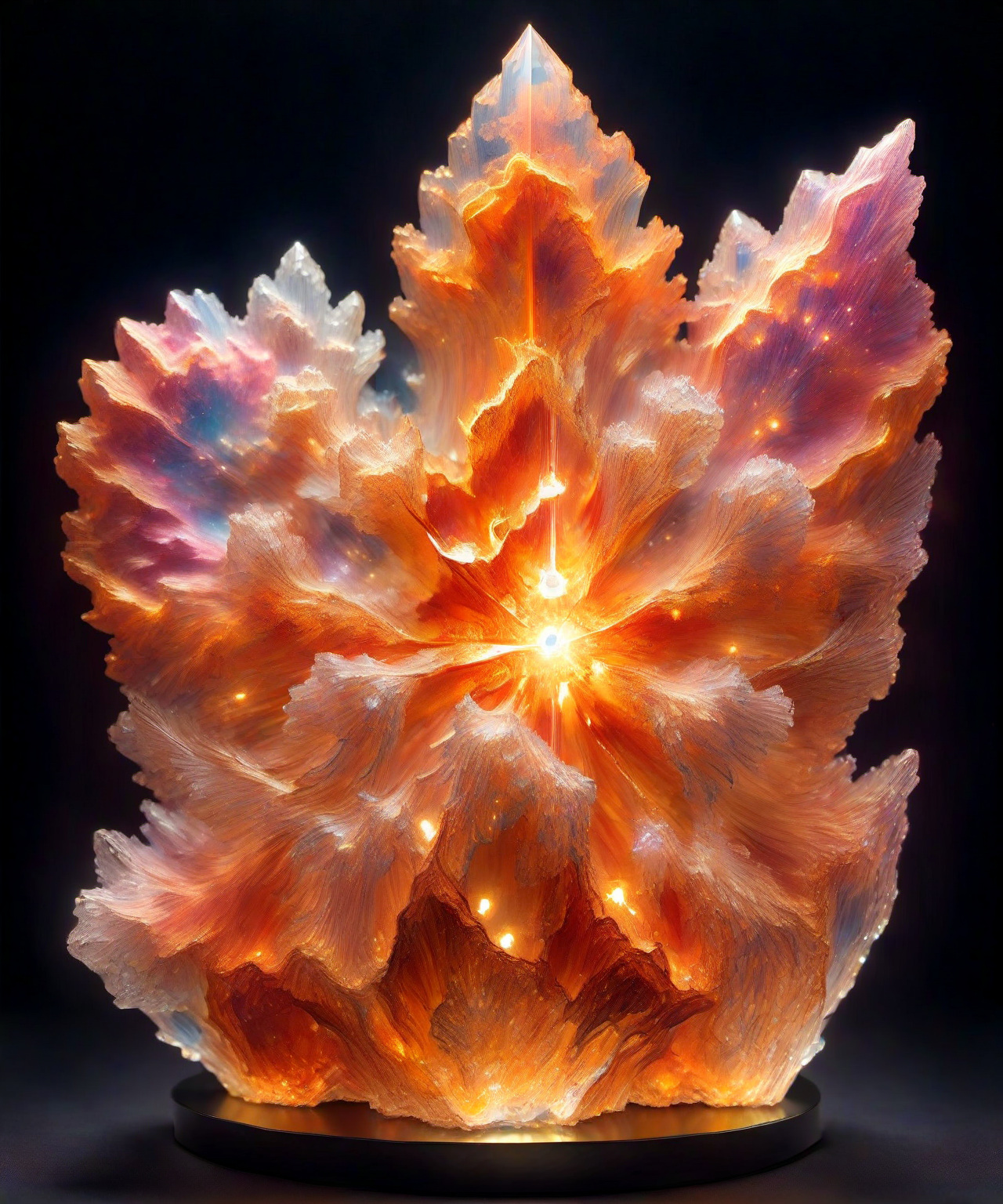 (Masterpiece, Best Quality, realistic, 4k, Highres:1.2), statue transparency crystal,an statue of orange emission nebula made entirely of crystal crystal facets, (crystal with facets), shiny, glass, on top of a table